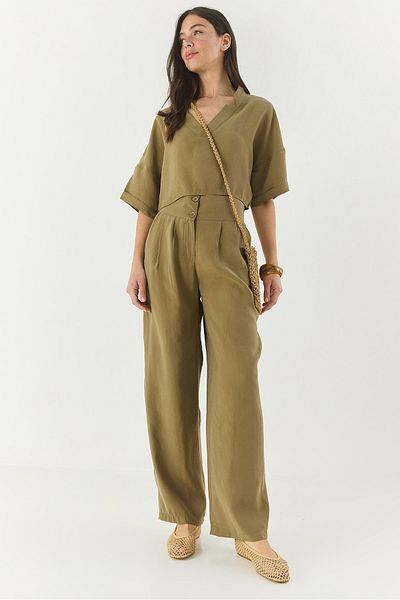 Bianco Lucci Women V-Neck Blouse with High Waist Pants Modal Bottom-Top Suit 9330 60281052