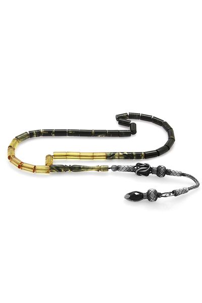 Tesbihane 1000 Sterling Silver Kazaz Tasseled Cut Cut Straining Black-white Fire Amber Prayer Beads