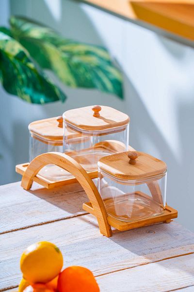 ACAR 3-Piece Borosilicate Glass Spice Rack Set with Malibu Bamboo Stand