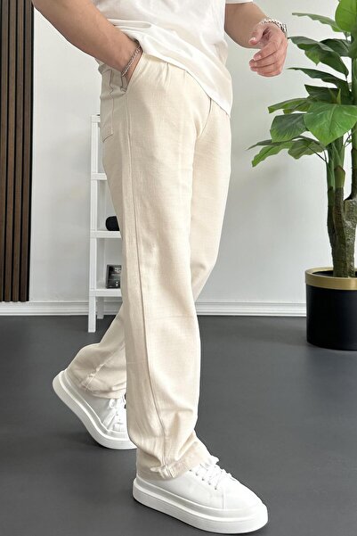 Edwox Erkek Beli Düğmeli Baggy Kalıp Pileli Pantolon Krem Edw357