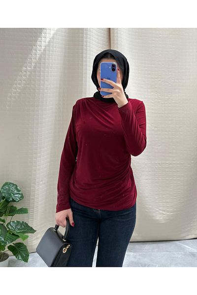 NİSUM MODA Shoulder and Waist Gathered Detailed Sandy Blouse