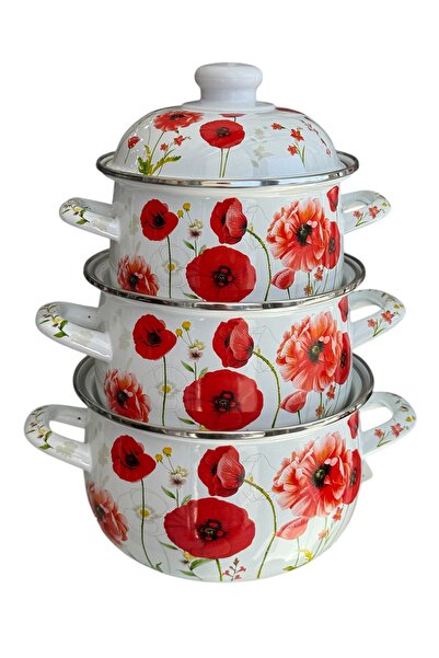 AHİR TİCARET Ebru Metal Enameled 3-Piece Cookware Set 16 Cm-18 Cm-20 cm