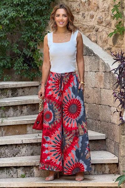 Nevin Kaya Moda Italian Red Ethnic Patterned 100% Cotton Viscose Trousers