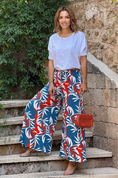 Nevin Kaya Moda Italian Petrol Leaf Patterned 100% Cotton Viscose Trousers