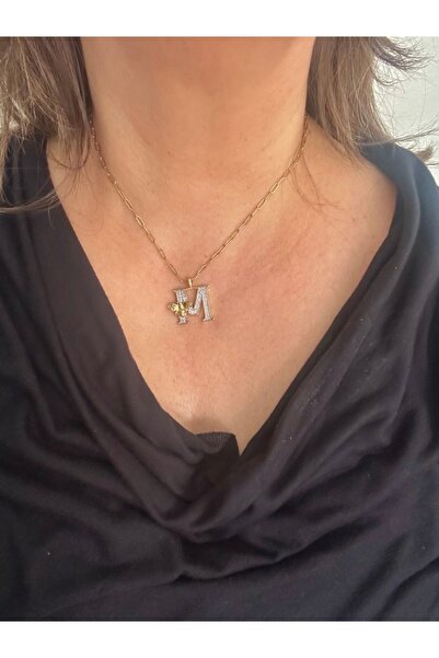 ALS Tasarım Dünyası Kadın Çelik Gold Renk İç İçe Geçirmeli Zincir Ucu M Harf ...