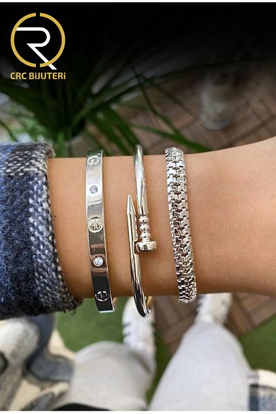Crc Bijuteri Silver Color Women's 3-Piece Combination Handcuff Nails Caterpillar Color Throwless Bracelet Combination Set