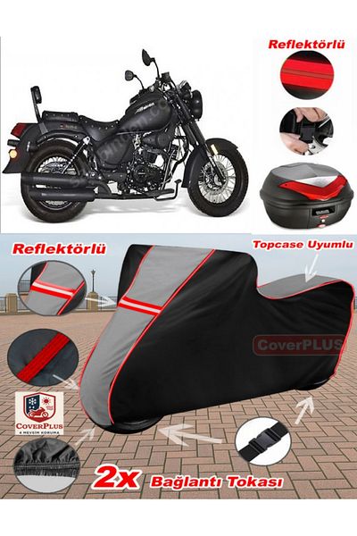 CoverPlus Mutt GT SR 250 Tarpaulin Topcase متوافق مع القماش المشمع للدراجات النارية (رمادي-أسود أحمر مخيط)
