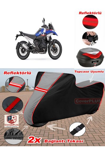 CoverPlus Bmw New R 1300 GS Adventure Tarpaulin Topcase متوافق مع القماش المشمع للدراجات النارية (رمادي-أسود أحمر مخيط)