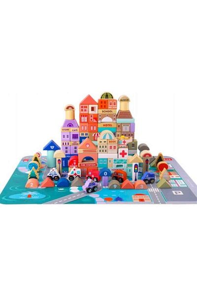 SMARTECH Set de 115 cuburi de construit din lemn pentru copii, 'Orasul meu', educational si creativ