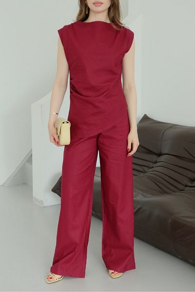 Laluvia Asymmetrisches Blusen-Hosenset in Weinrot – 7227
