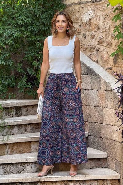 Nevin Kaya Moda Italian Navy Blue Tile Patterned 100% Cotton Viscose Trousers