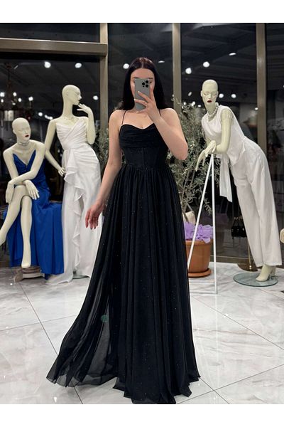 missswans Hadley Chest Draped Corset Adjustable Rope Tie Glitter Long Dress Black