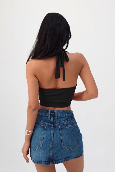 STANVİA Жіночий кроп-топ з відкритим коміром, що зав'язується на шиї, чорний блуз