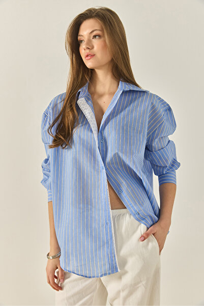 Bianco Lucci Women's Lace Detailed Striped Oversize Modal Shirt 4792 60281050