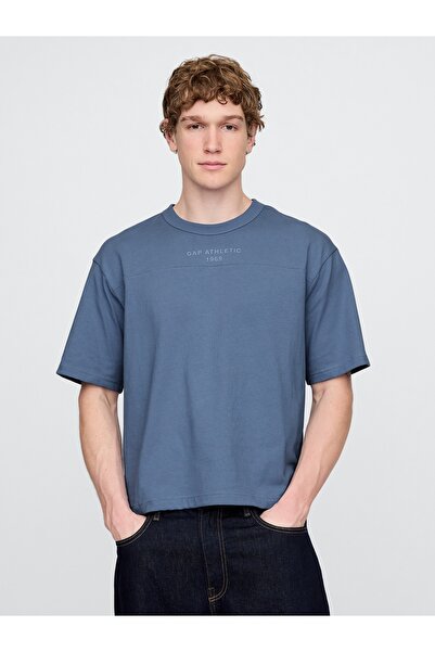 GAP Erkek Mavi Oversized Athletic Logo T-Shirt