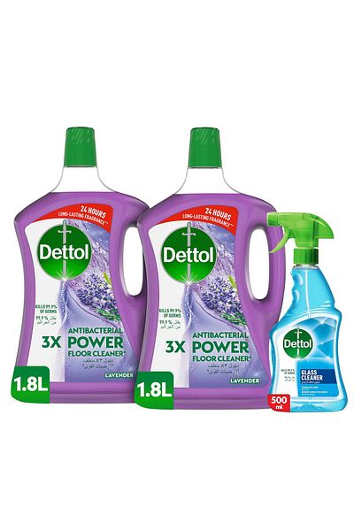 Dettol Power Floor Cleaner, Lavender Scent, 1.8l X 2 Glass Cleaner Spray Bottle, 500 ml