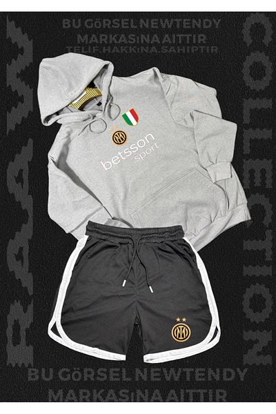 Minikelya Inter Milano Logo Hooded Sweatshirt and Shorts Set Fan Sportswear Set 2-Piece Combination