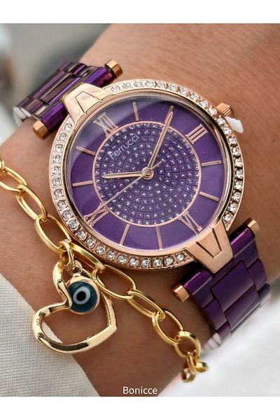 Ferrucci Brand Steel Cord, Stoned Stylish Dial, Waterproof, Purple Color Women's Wristwatch + Bracelet