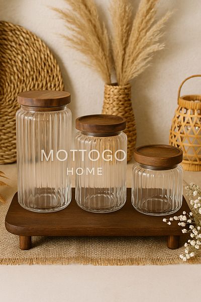 Mottogo Set of 3 Glass Jars with Stand – 500 Ml, 700 Ml, 1000 ml – Wooden Lids