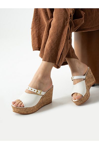 ALEMDAR AYAKKABI Liona White Wedge Heeled Women's Slippers