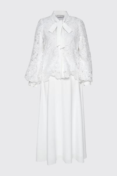 Zühre Bow Detailed Lace Ecru Double Set Tk-1452