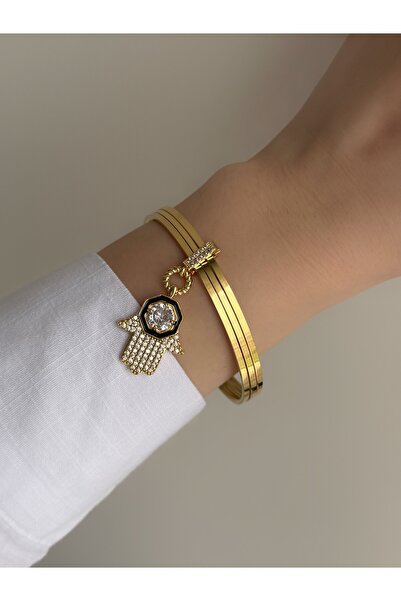 Owentis Çelik Gold 3lü Ajda Bilezik ve Taşlı Fatma Ana Eli Charm 6.2 ölçü -ka...