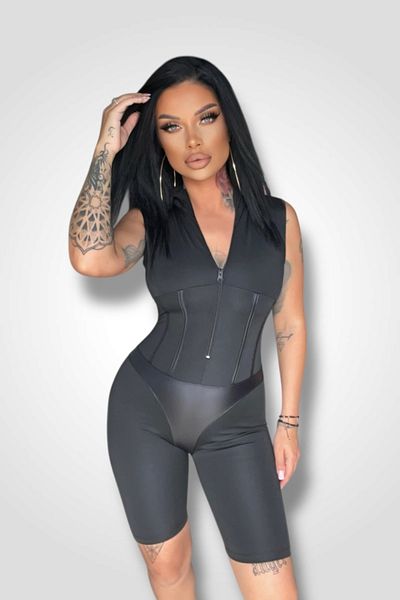 BOMBFIT Contrast Summer Shapewear Jumpsuit, with Matte Texture, with Eco Leather