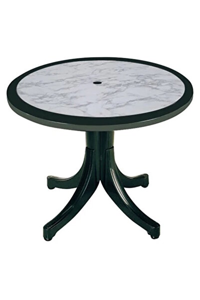Papatya Pera Plastik Masa - 90lık Yuvarlak Balkon, Bahçe Masası -Yeşil & Mermer Dekor