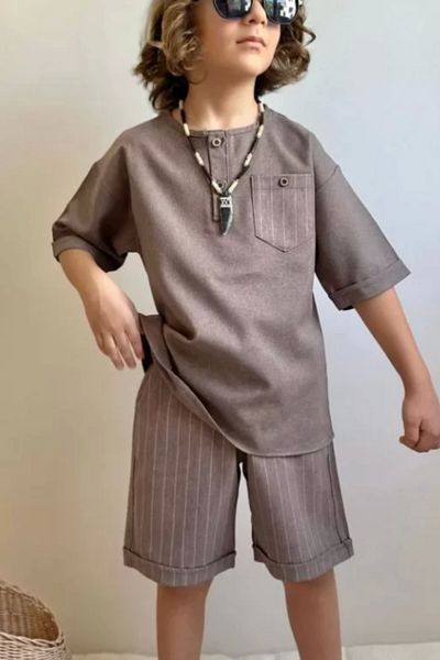Kidmark Çocuk Modası Boy's Striped Pocket Detailed Brown Linen Suit