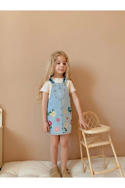 Kidmark Çocuk Modası Girl's Floral Embroidered Denim Salopet