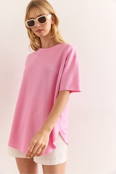 Olalook Women's Light Pink Modal Textured Soft Textured Six Oval T-Shirt Tsh-19000771