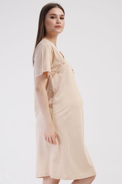 VİENETTA Cămașă de noapte de maternitate bej cu mânecă scurtă pentru femei C3T3N1O014