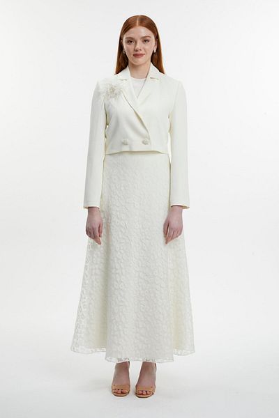 Zühre Double Breasted Collar Accessory and Button Detailed Skirt Jacket Ecru Double Suit Tk-1513