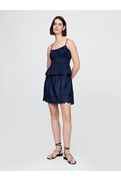 GAP Kadın Lacivert Büzgülü Eyelet Denim Cami Bluz