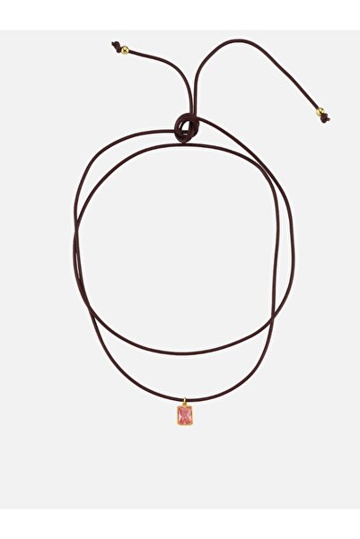 LİNYA JEWELLERY Bordo Deri İpli Kristal Pembe Taşlı Kolye
