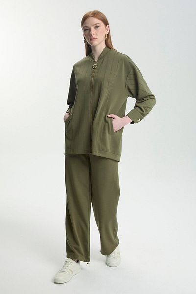 Zühre Stone Processing Detailed Zippered Khaki Double Suit Tk-1456