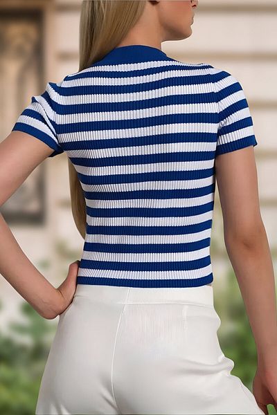 AQE FASHION Bluză de bază Saks cu mânecă scurtă în dungi pentru damă