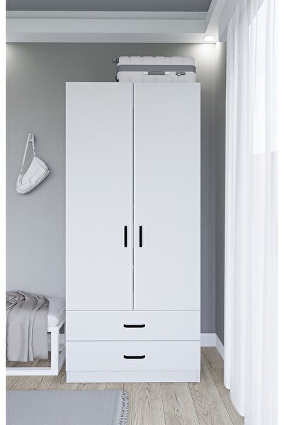 midoser Yaman 80 Cm Mat Beyaz 2 Kapaklı 2 Çekmeceli Elbise Dolabı - Gardırop