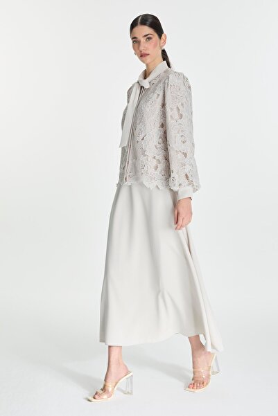 Zühre Bow Detailed Lace Gray Double Suit Tk-1452