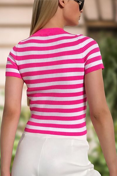 AQE FASHION Γυναικεία μπλούζα με λαιμόκοψη με ριγέ κοντό μανίκι Basic φούξια μπλούζα