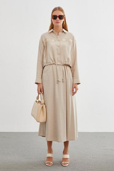 Zühre Lace Detailed Beige Double Suit Tk-1266