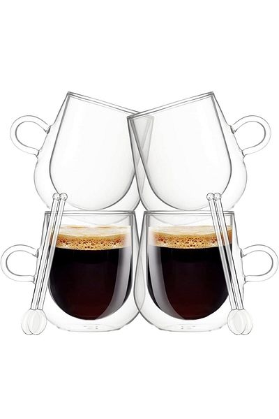 Quasar & Co. Set of 4 double-walled mugs with 4 spoons Quasar & Co.®, heat-resistant glass, 250 ml, transparent