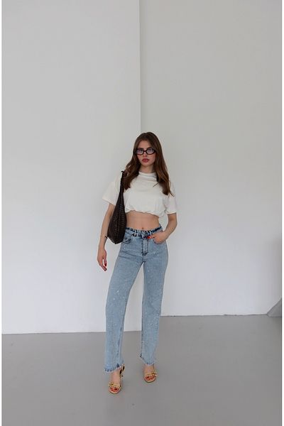 LOISY Women's Ice Blue Color Loose Fit Front Starlight Shiny Stone Design Denim