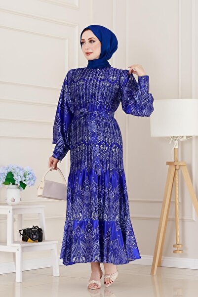 Sevitli Piliseli Eteği Volanlı Saten Mona Elbise-Saks Mavisi