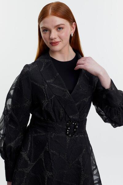 Zühre Double Breasted Collar Belted Transparent Inner Outer Double Suit Tk-1461