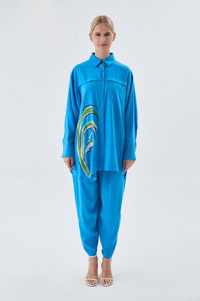 Zühre Patterned Buttoned Turquoise Double Suit Tk-1454