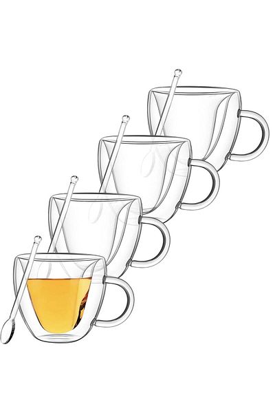 Quasar & Co. Set of 4 double-walled mugs and 4 Quasar & Co.® spoons, 250 ml, heart-shaped interior, heat-resistant