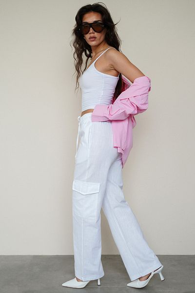 Seeh White Women's Pants with Muslin Fabric - Pocket Detail, Waist Elastic Sh186
