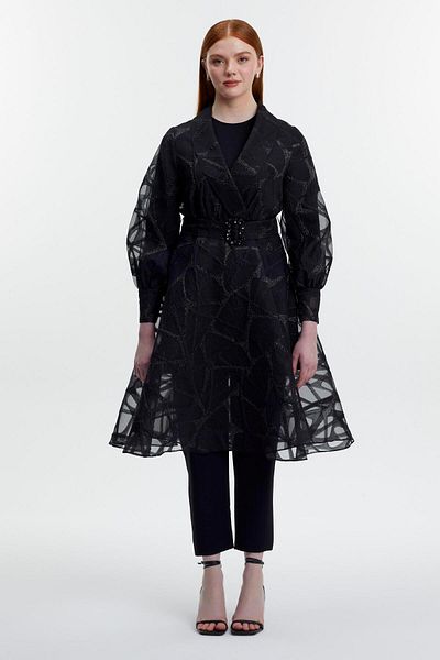 Zühre Double Breasted Collar Belted Transparent Inner Outer Double Suit Tk-1461