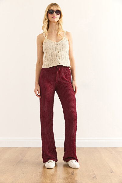 Olalook Kadın Bordo Beli Lastikli Dokulu Palazzo Pantolon PNT-19000338
